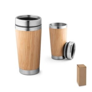 Vaso térmico, acero inoxidable, bambú, 450 ml, aislamiento premium, diseño eco-friendly, tapa hermética, personalización, regalo ideal, viajes, café, té, bebidas frías.